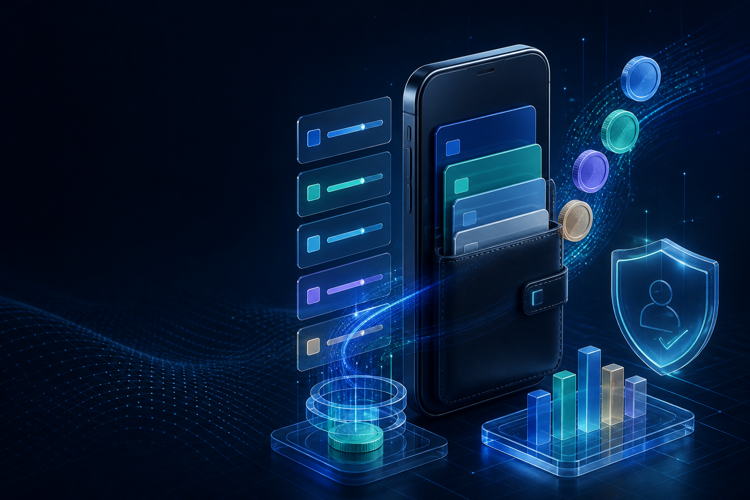 A programmable digital wallet surrounded by ledger layers, reward tokens, and identity verification