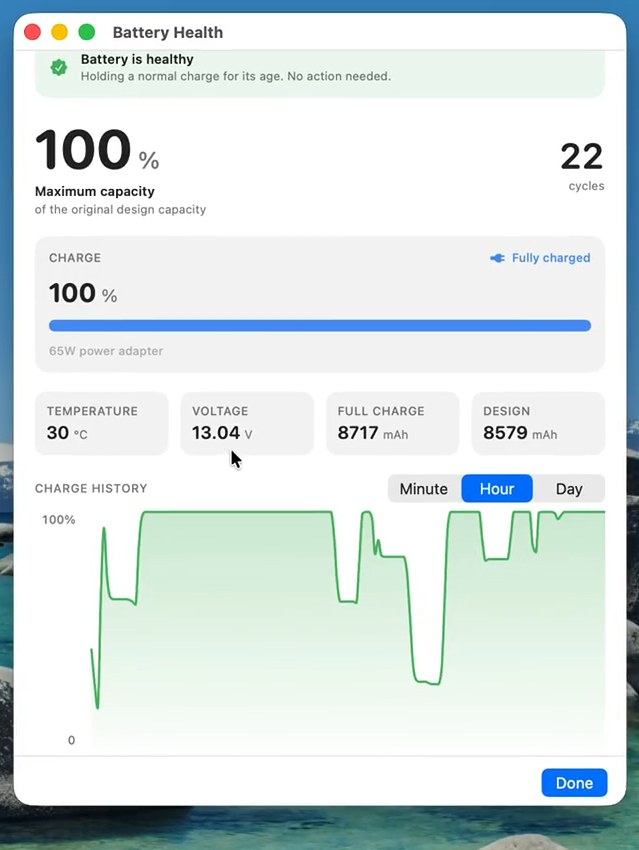 Battery health with capacity, cycles, and charge history