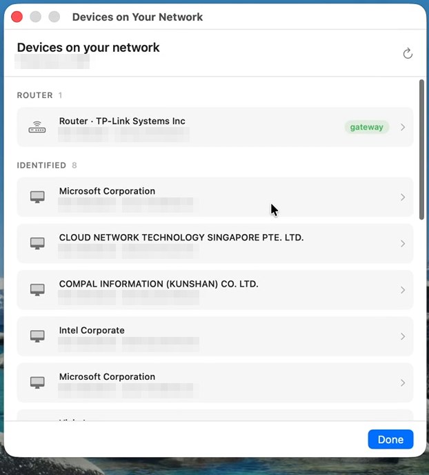 Devices on your network: router plus identified devices by manufacturer