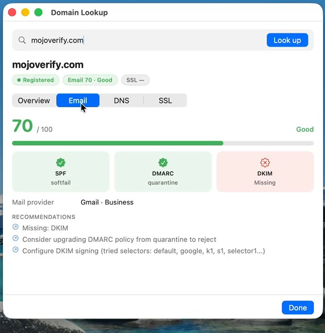 Domain lookup email-security scorecard: SPF pass, DMARC quarantine, DKIM missing — 70/100