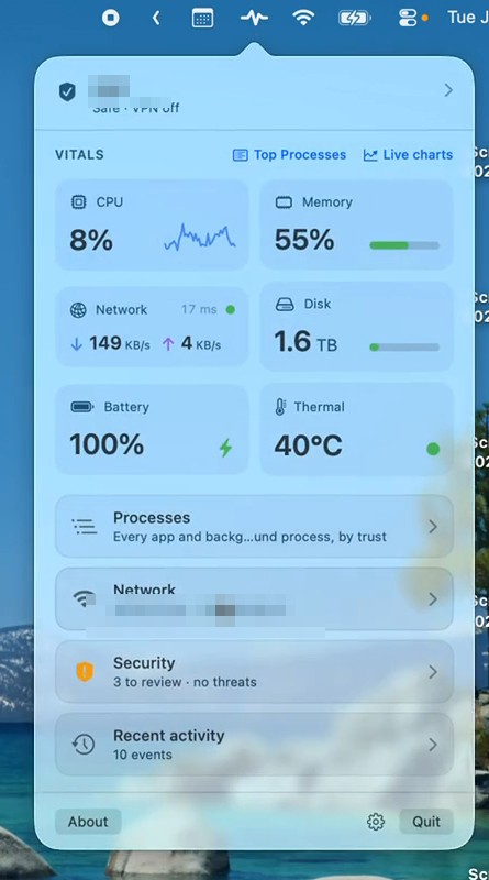 Real screenshot of the Mojo Pulse popover open under the macOS menu bar