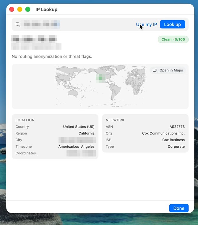 IP lookup result: clean verdict, location panel, network ASN/ISP details