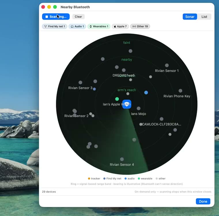 Bluetooth sonar sweep showing nearby devices and a tracker