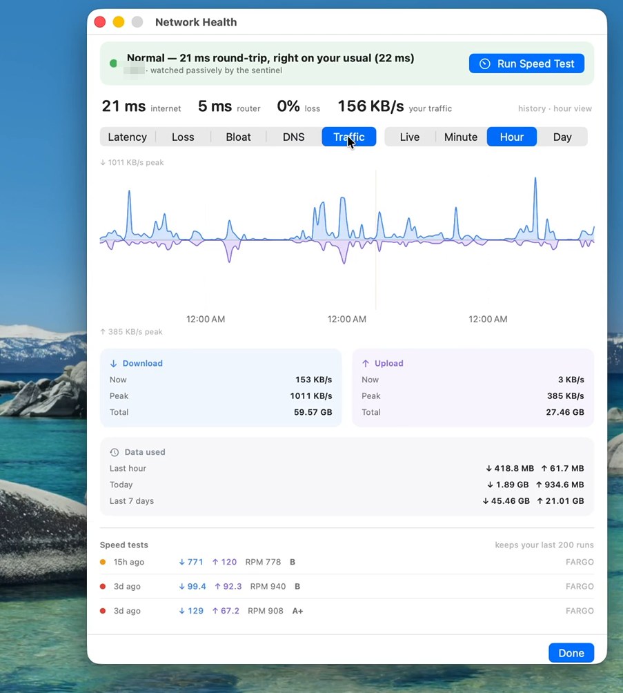 Network Health window with latency history and speed test log