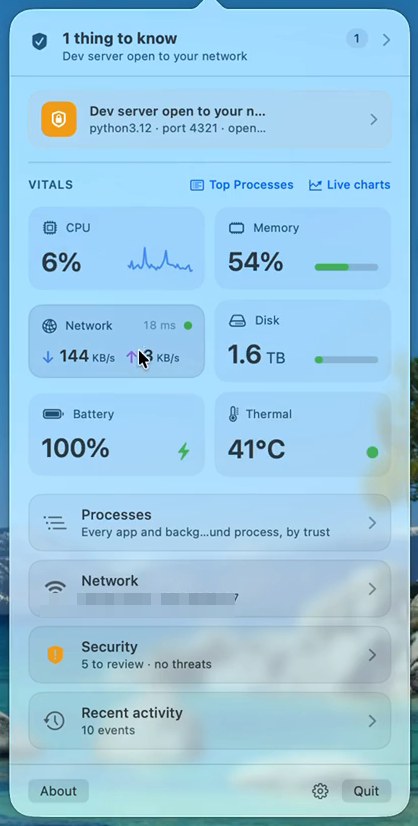 Popover with a live alert card: dev server open to your network