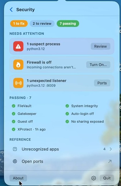 Security screen triaging one thing to fix, two to review, seven passing
