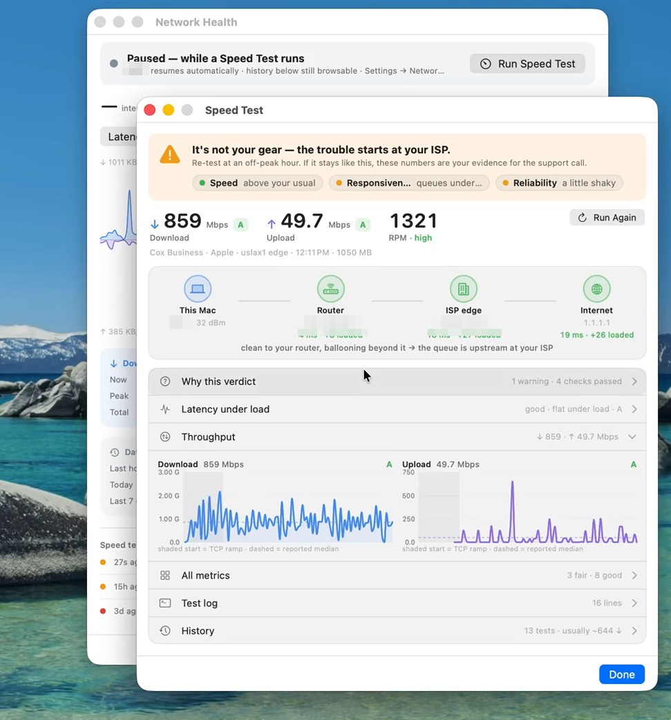 Speed test verdict naming the ISP as the culprit, with per-hop latency