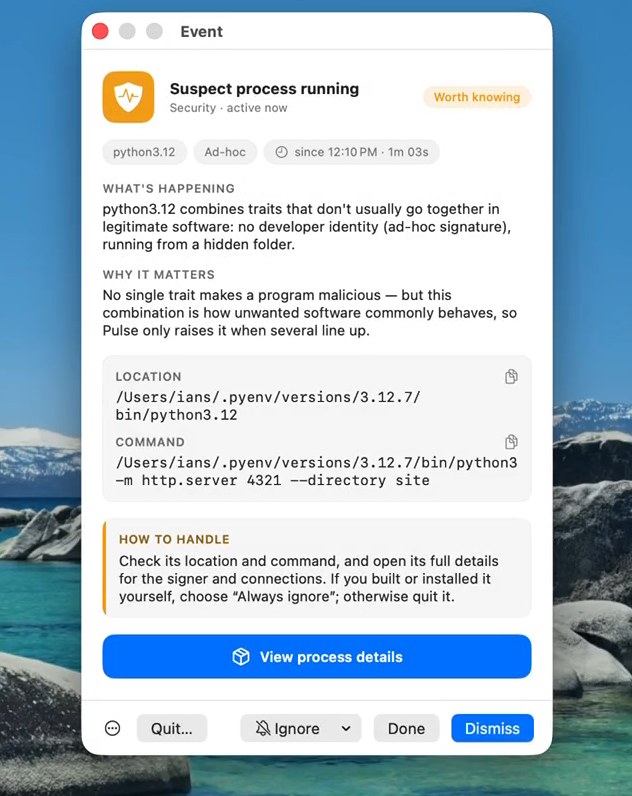 A suspect-process alert explaining what happened, why it matters, and how to handle it