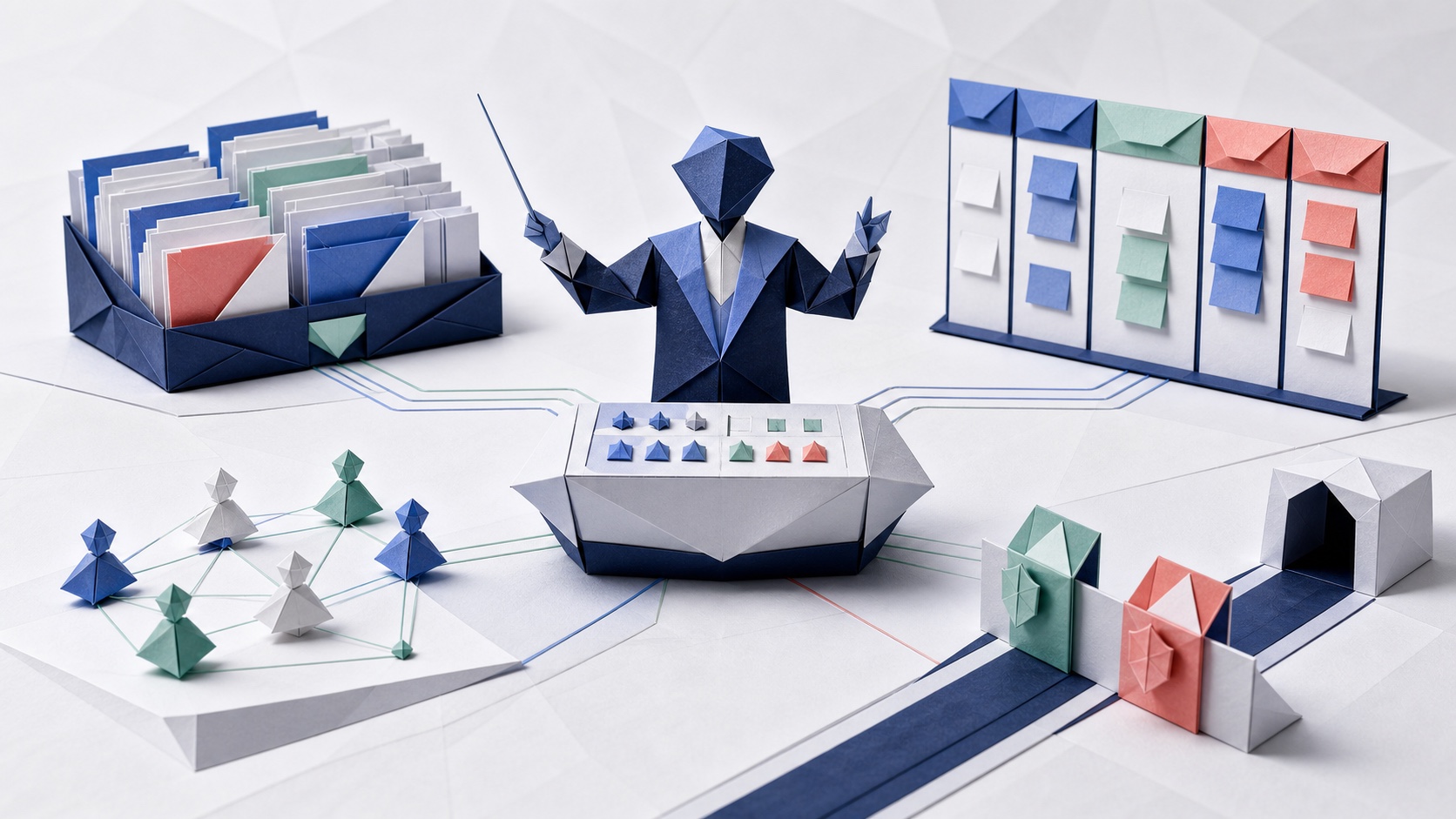 An origami conductor directs a memory archive, a shared project board, a group of cooperating agents, and a gated execution lane.