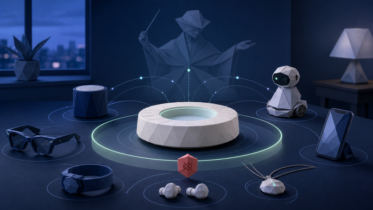 An original folded-paper editorial scene showing a fictional ring-shaped ambient AI device surrounded by glasses, a speaker, a watch, earbuds, a phone, a pendant and a small robot while an origami Maestro conducts the permission boundaries.