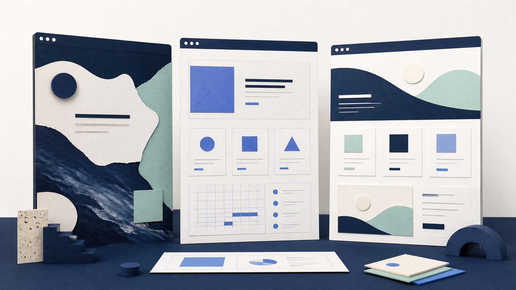 Three contrasting website design concepts arranged side by side for evaluation