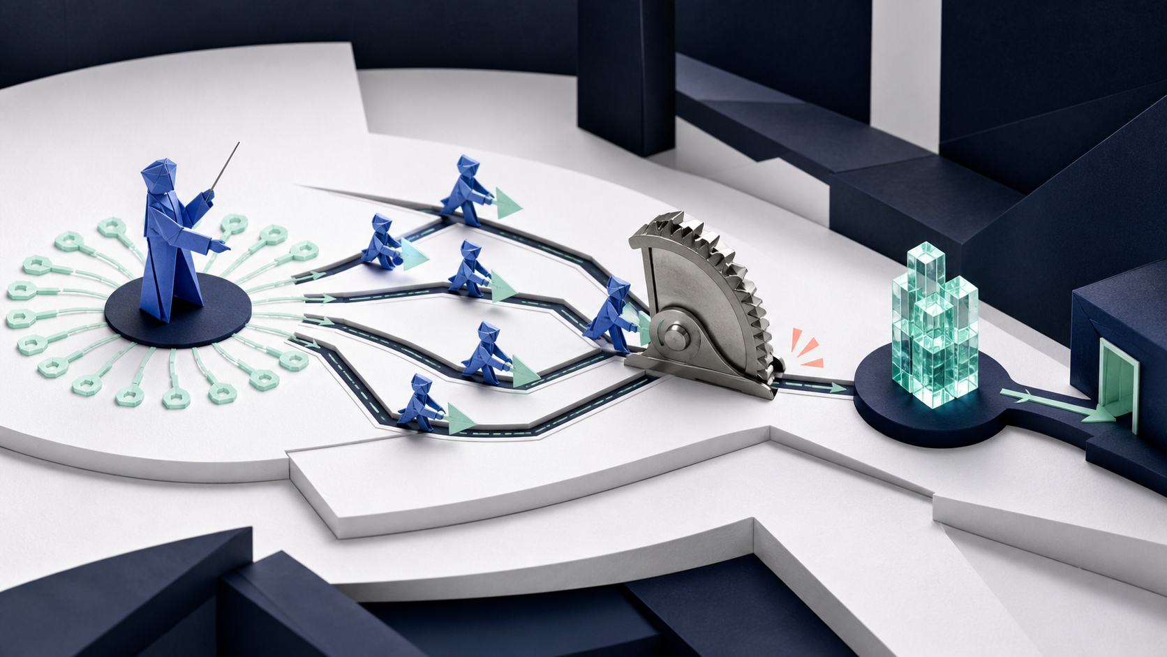 An origami Maestro dispatches several agents through a one-way mechanical capability ratchet. Broad access keys on the left narrow to one approved path after protected data is reached.