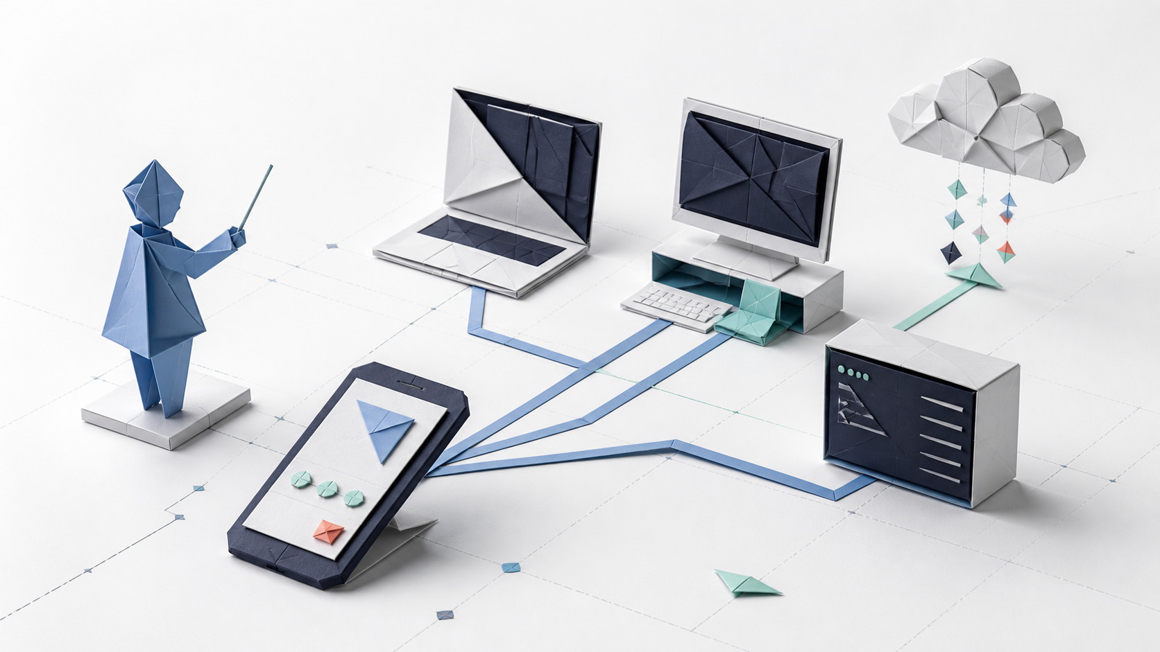 An origami smartphone directs work across a laptop, desktop workstation, terminal server, and cloud while an origami conductor supervises.