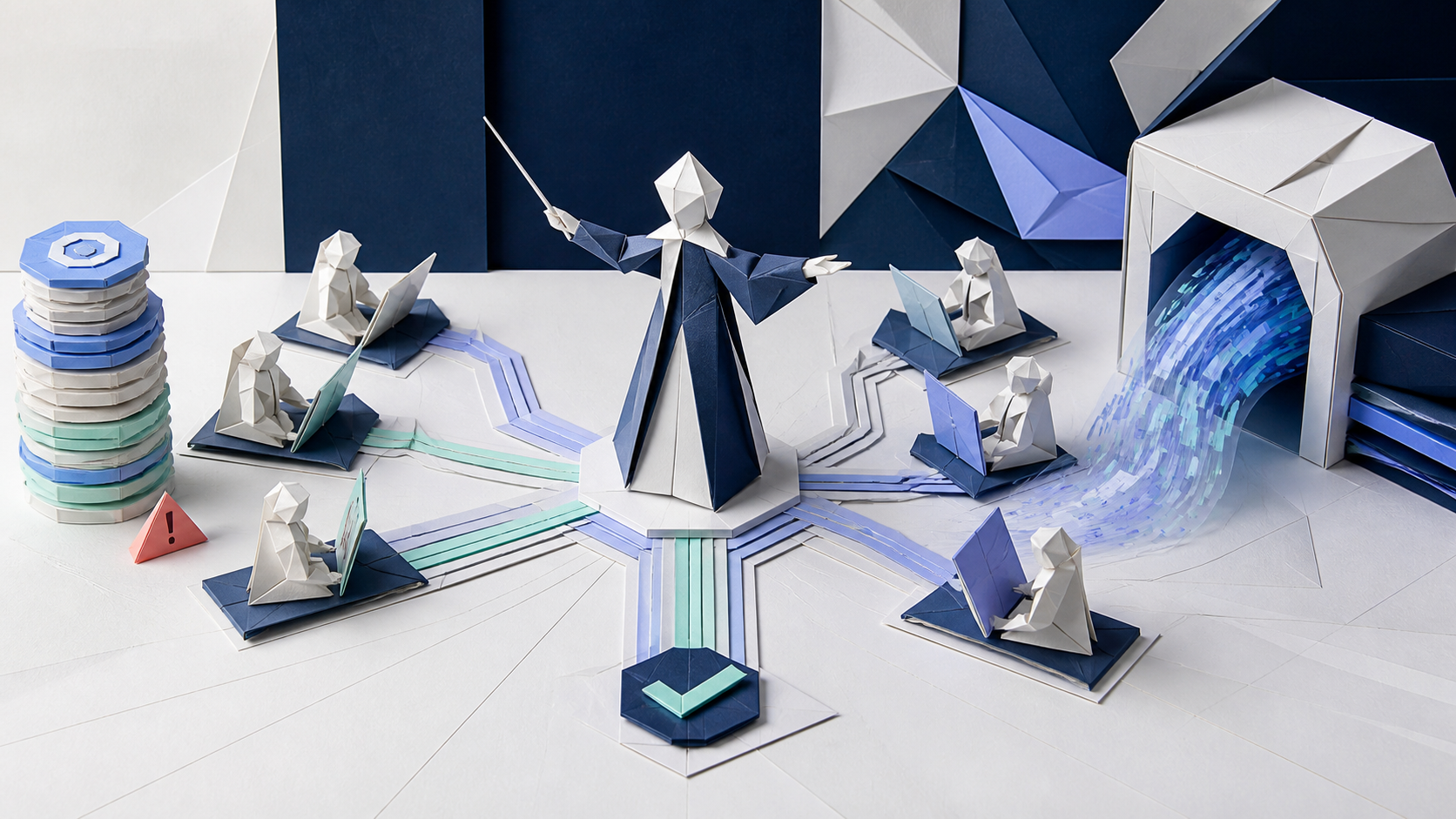 An origami conductor coordinates persistent coding agents across separate work paths, with inexpensive token stacks on one side and contributed data flowing into a training system on the other.