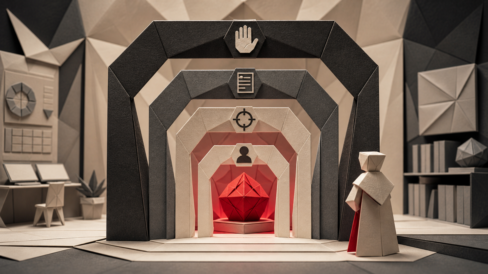 An original folded-paper editorial scene showing a red cyber AI core protected by nested gates for identity, scope, logging, and human approval.