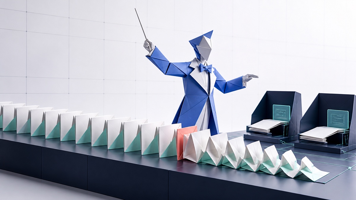 An origami Maestro conducts a repeating line of folded context cards; one changed card causes the following cards to unfold and be processed again.